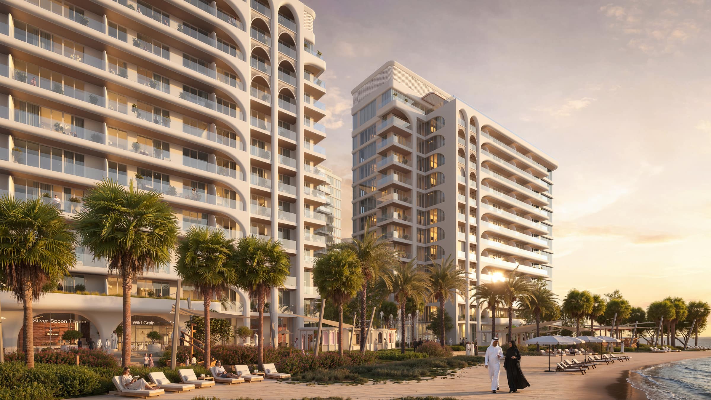 Beachfront promenade and residences at sunset, Al Khan, Sharjah