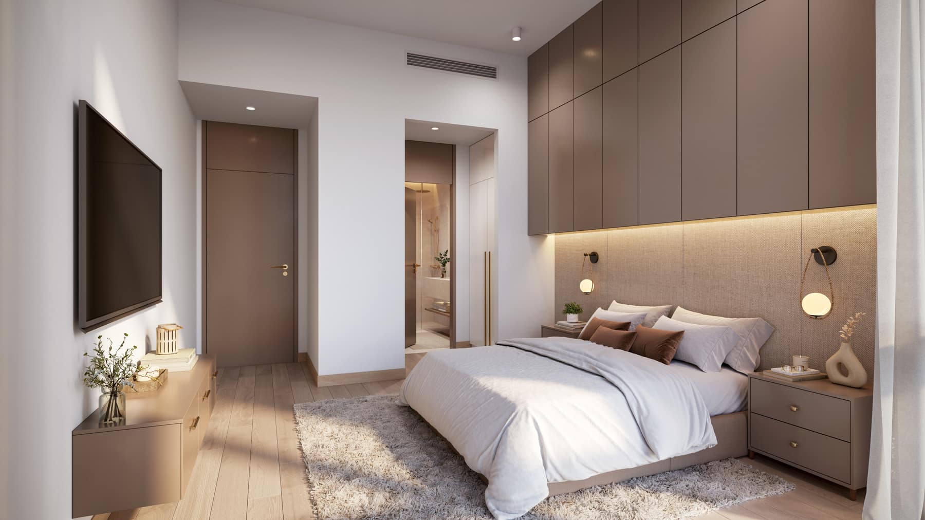 Bedroom with integrated storage and lighting