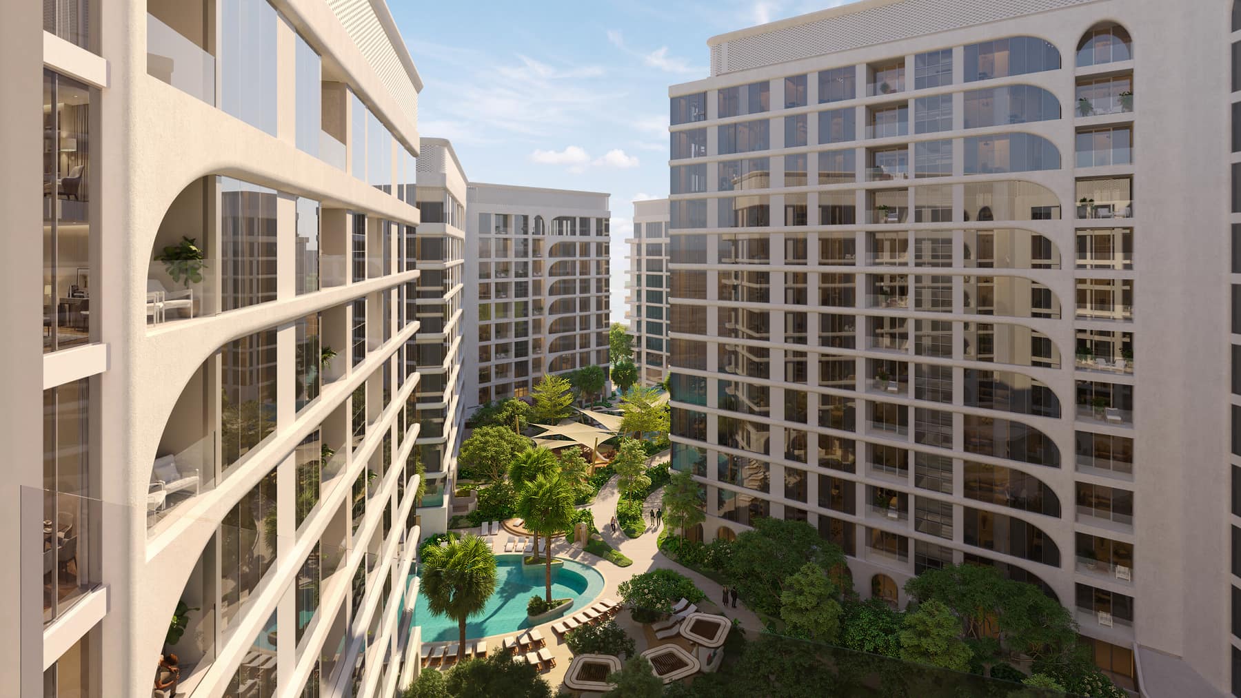 Landscaped internal garden and pool between the buildings